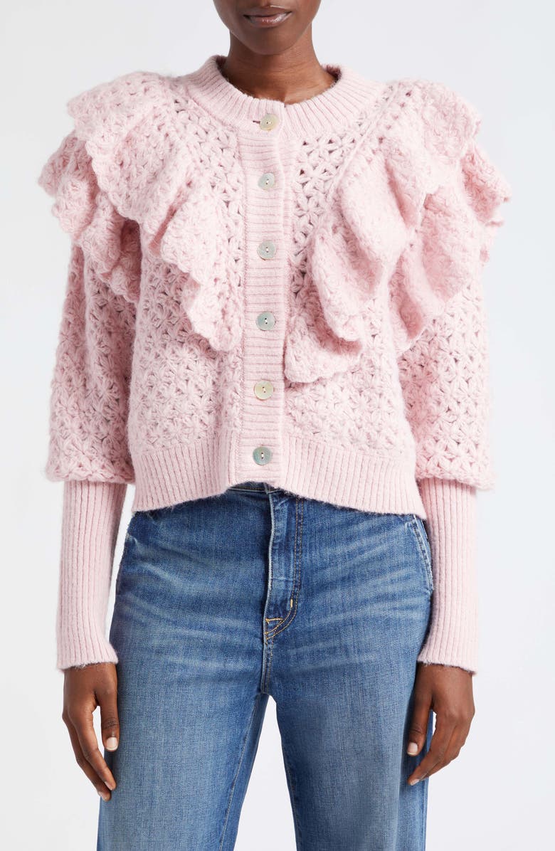 FARM Rio Ruffle Cardigan, Main, color, Pink