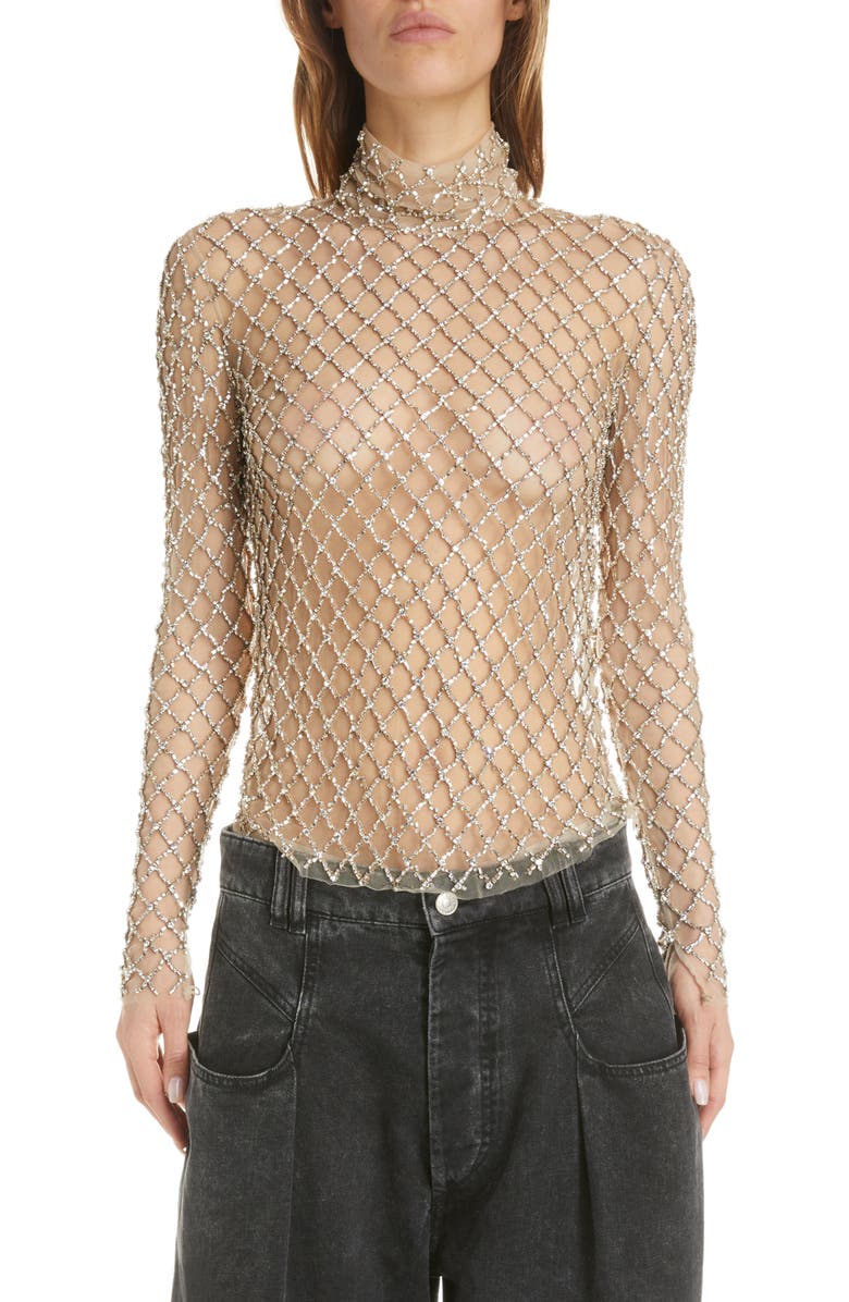 Isabel Marant Lupita Crystal Embellished Sheer Mesh Turtleneck, Main, color,
