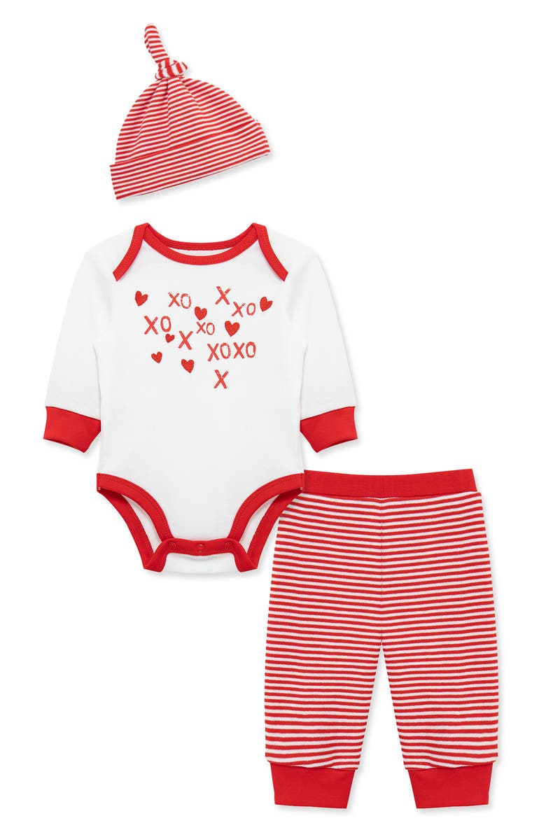 Little Me XO Bodysuit, Pants & Hat Set, Main, color, Red