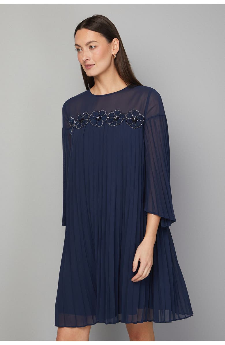 Wallis Pleated Floral Trim Shift Dress, Alternate, color, Navy