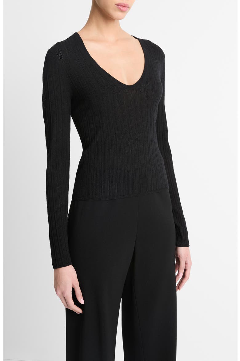 Pointelle Wool-Blend V-Neck Top, Alternate, color, BLACK