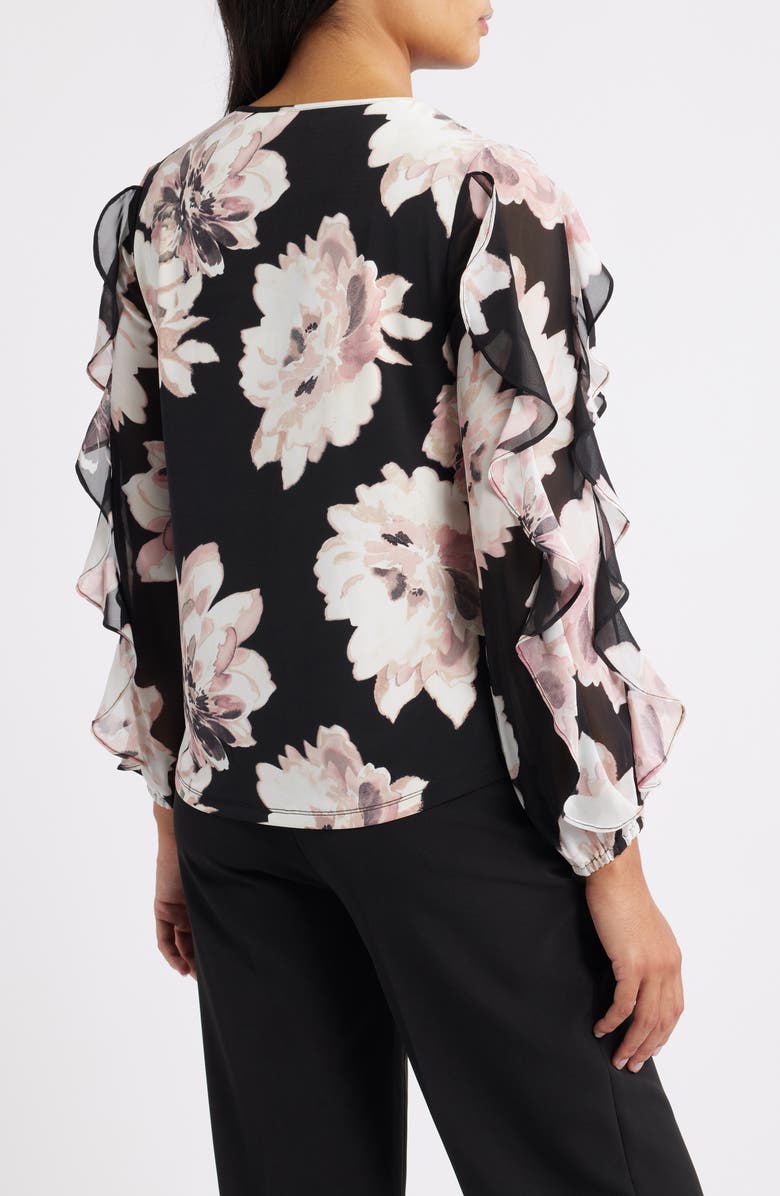 Anne Klein Ruffle Sleeve Floral Print Shirt, Alternate, color, Black Multi/ Black