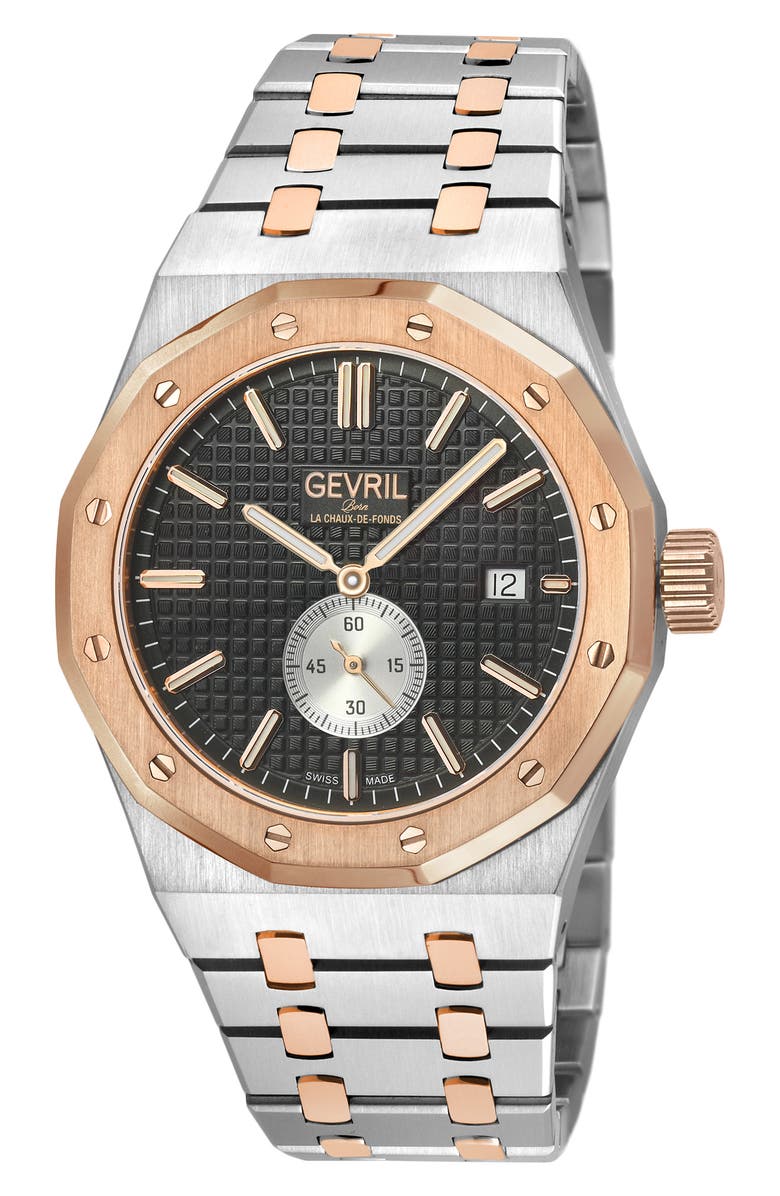 GEVRIL Gotham Two-Tone Bracelet Strap Automatic Watch, 41mm, Main, color, Silver/ Rose Gold