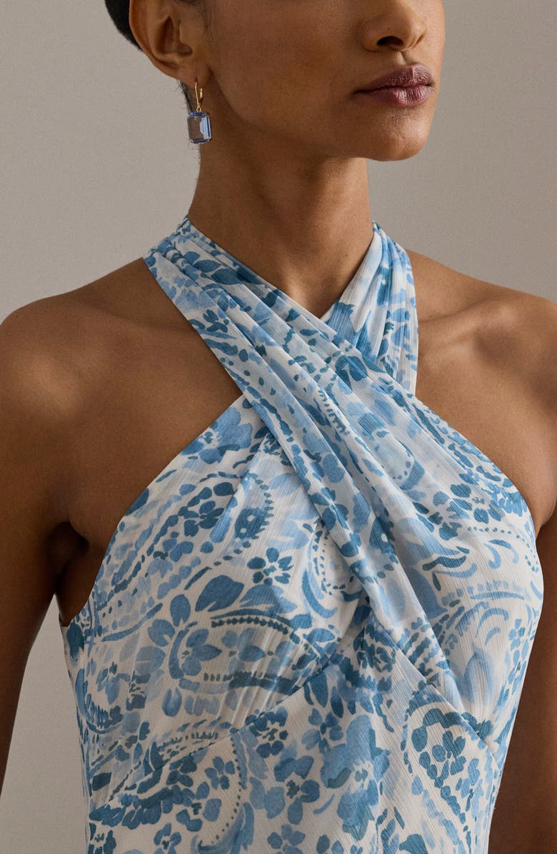 Lauren Ralph Lauren Halter Ruffle Maxi Dress, Alternate, color, White/ Blue Multi