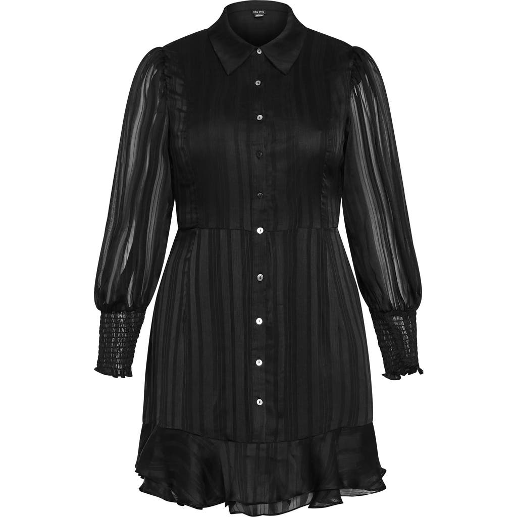 City Chic Journi Stripe Long Sleeve Shirtdress In Black
