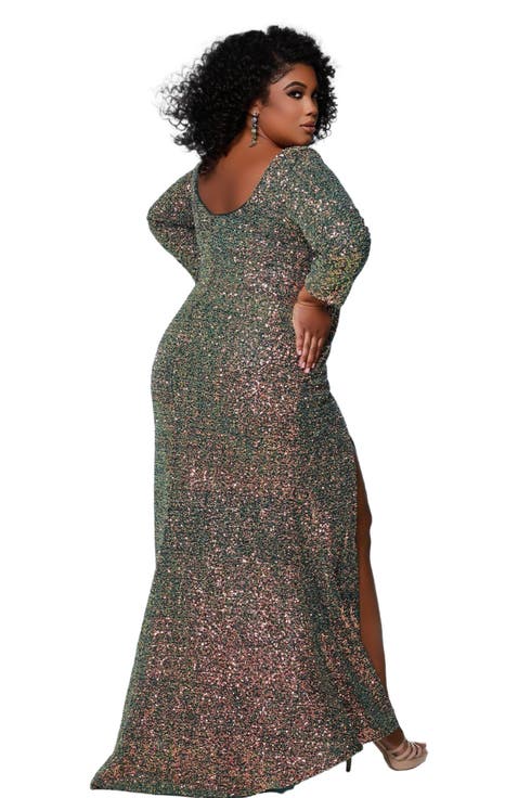 Fitted V-Neck Multi-Dimensional Sequin Long Sleeve Plus Size Gown