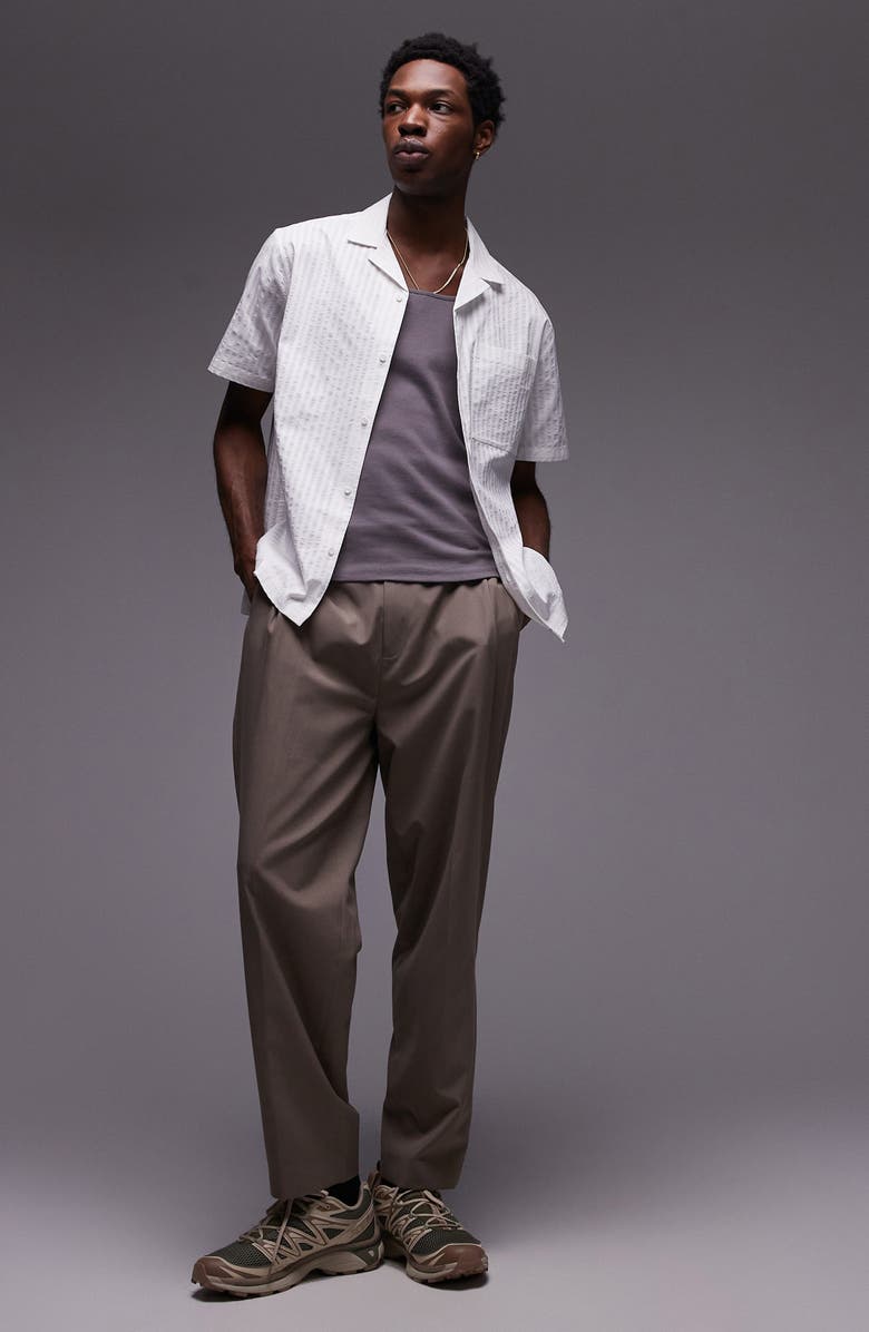 Topman Solid White Stripe Seersucker Camp Shirt, Alternate, color, White