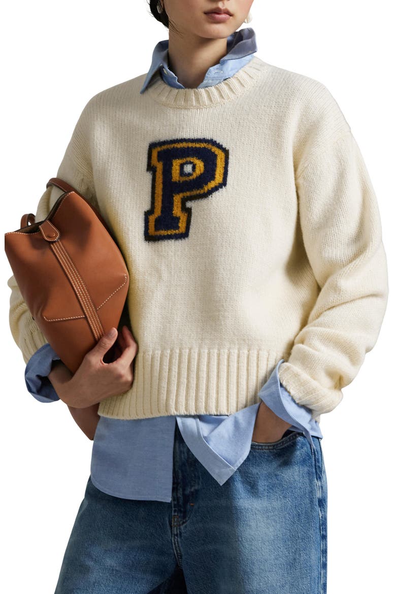 Logo Wool Crewneck Sweater, Main, color, CREAM