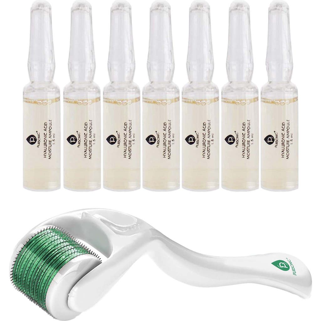 Pursonic Skin Renewal Bundle Micro Needle Roller & 7-day Hyaluronic Acid Serum Set In White