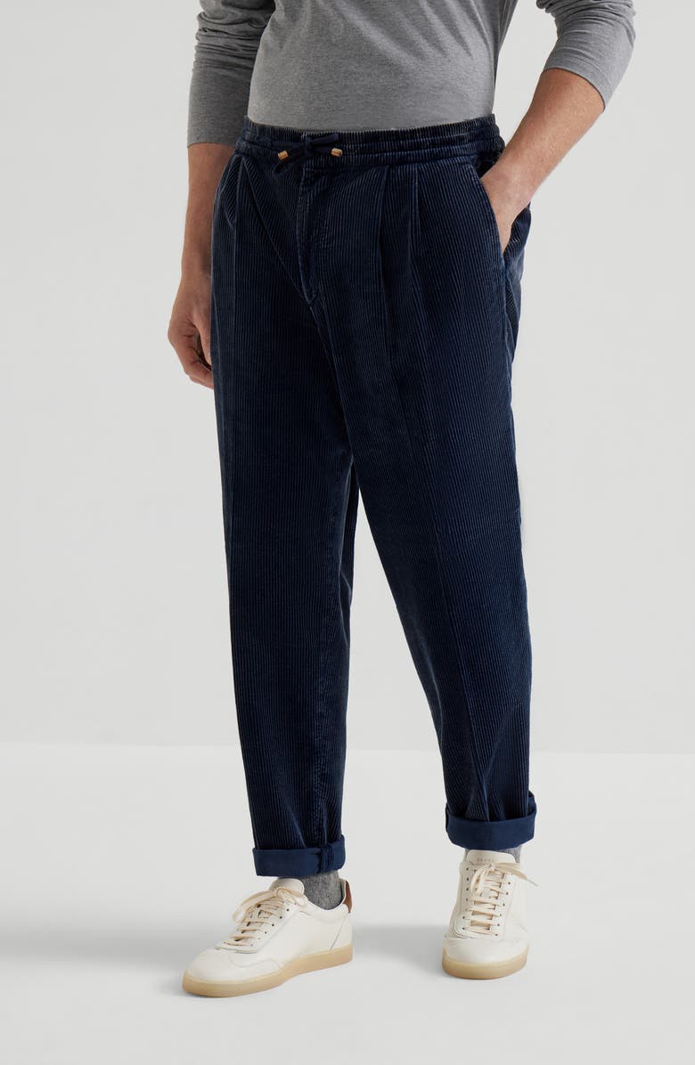 Brunello Cucinelli Leisure fit trousers with drawstring, Alternate, color, Navy Blue
