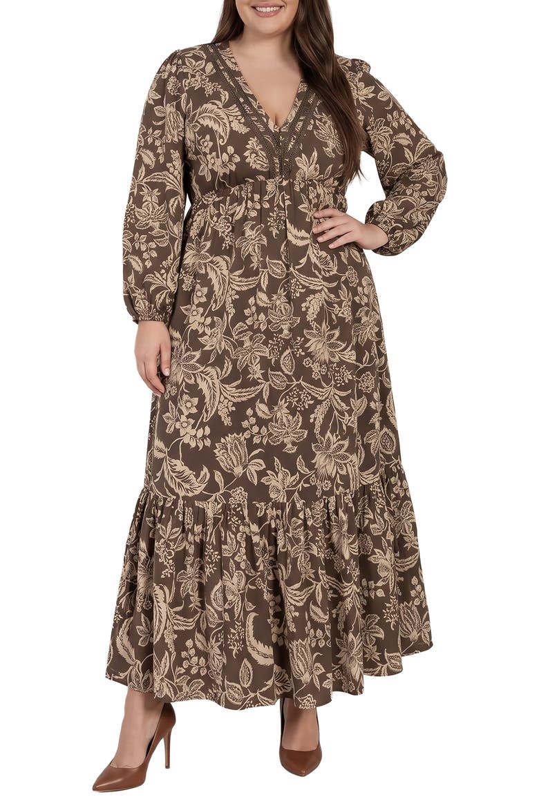 Floral Long Sleeve Maxi Dress, Main, color, CAMEL FLORAL