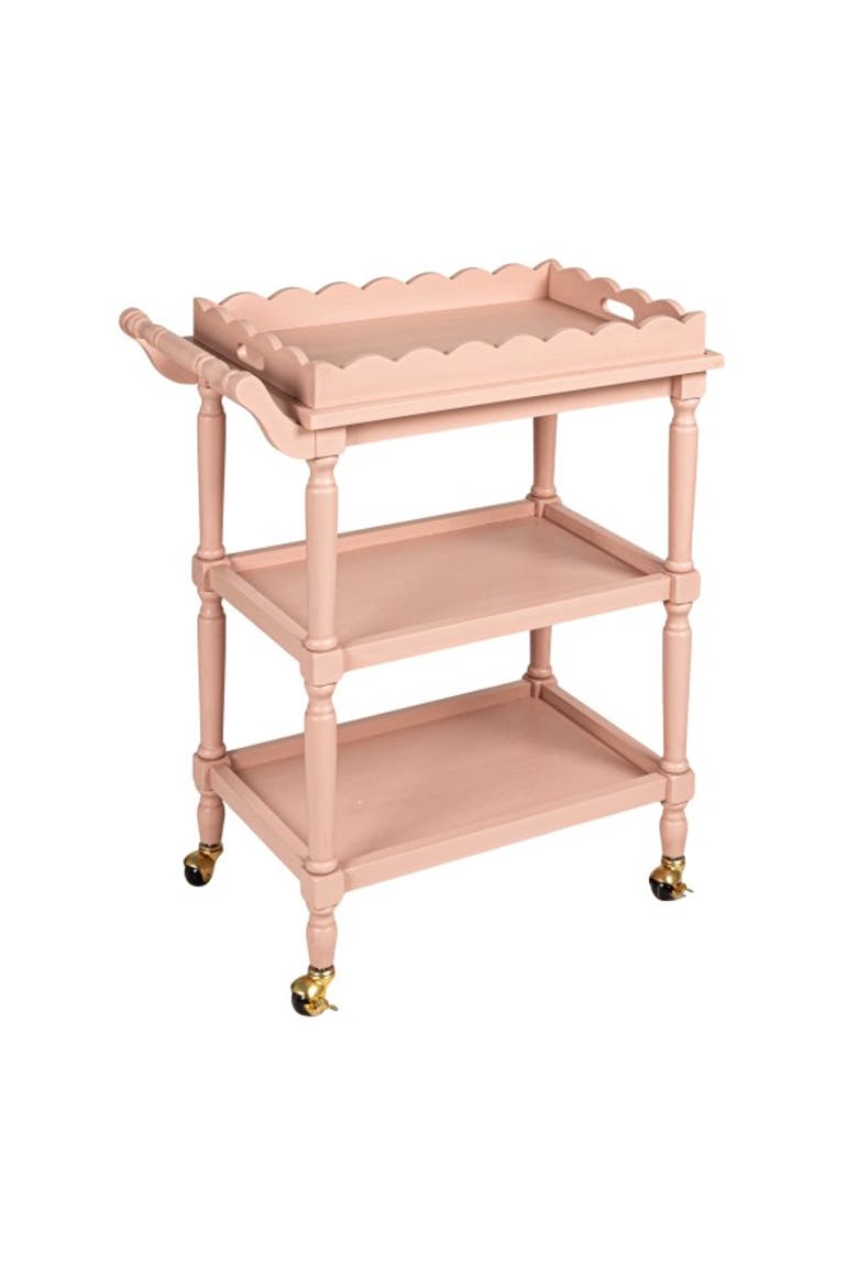 3-Tier Bar Cart on Casters with Removable Scalloped Tray, Main, color, Pink