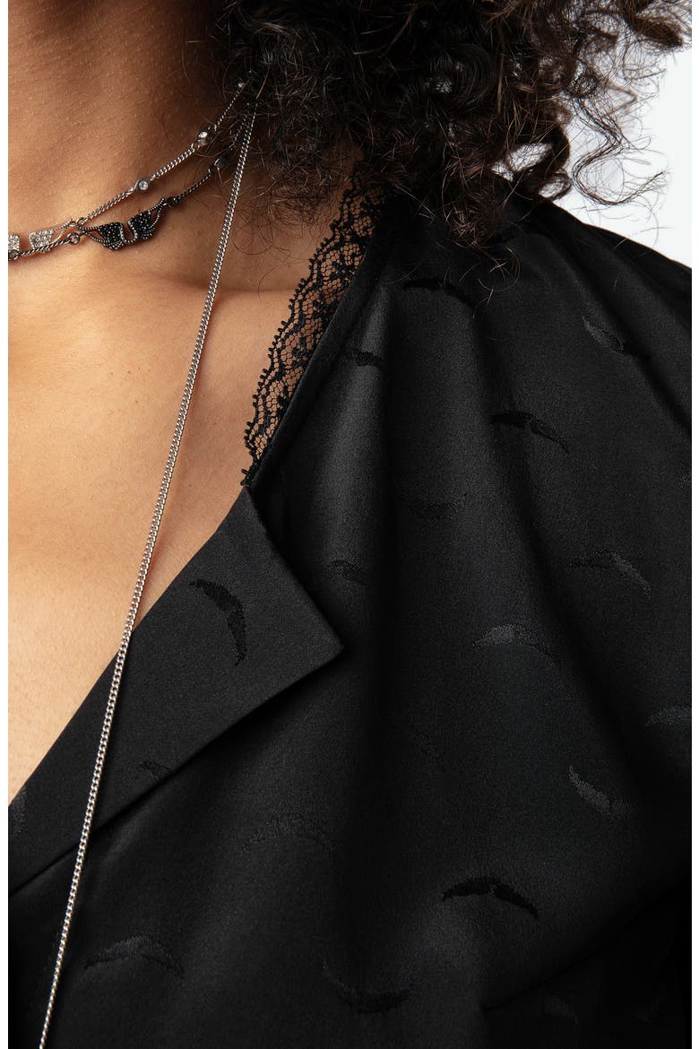 Tiffiny Wing Jacquard Button-Up Silk Shirt, Alternate, color, NOIR