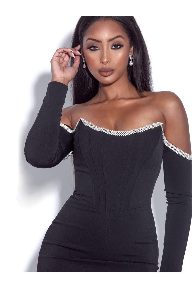 Annika Off Shoulder Long Sleeve Corset Dress With Crystal Trim, Alternate, color, Black