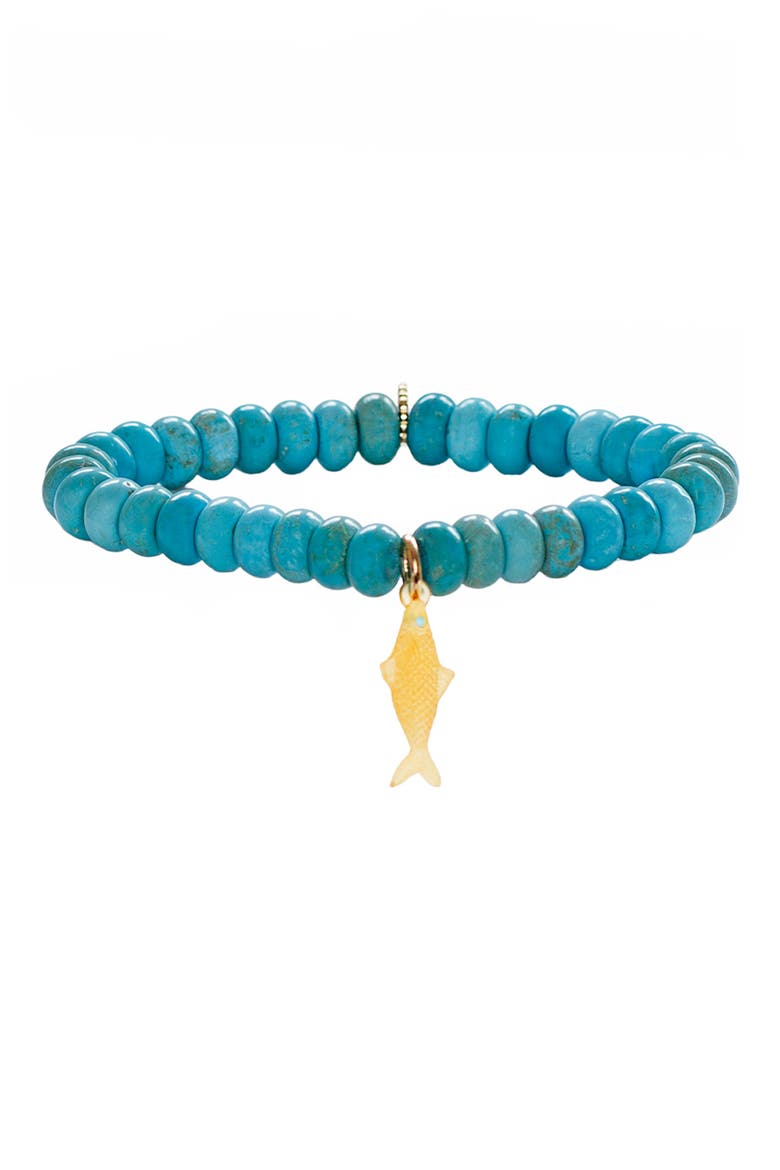 Nori Fish Charm Jade Beaded Stretch Bracelet, Main, color, TURQUOISE