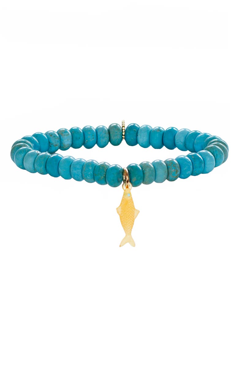 MARLYN SCHIFF Nori Fish Charm Jade Beaded Stretch Bracelet, Main, color, Turquoise