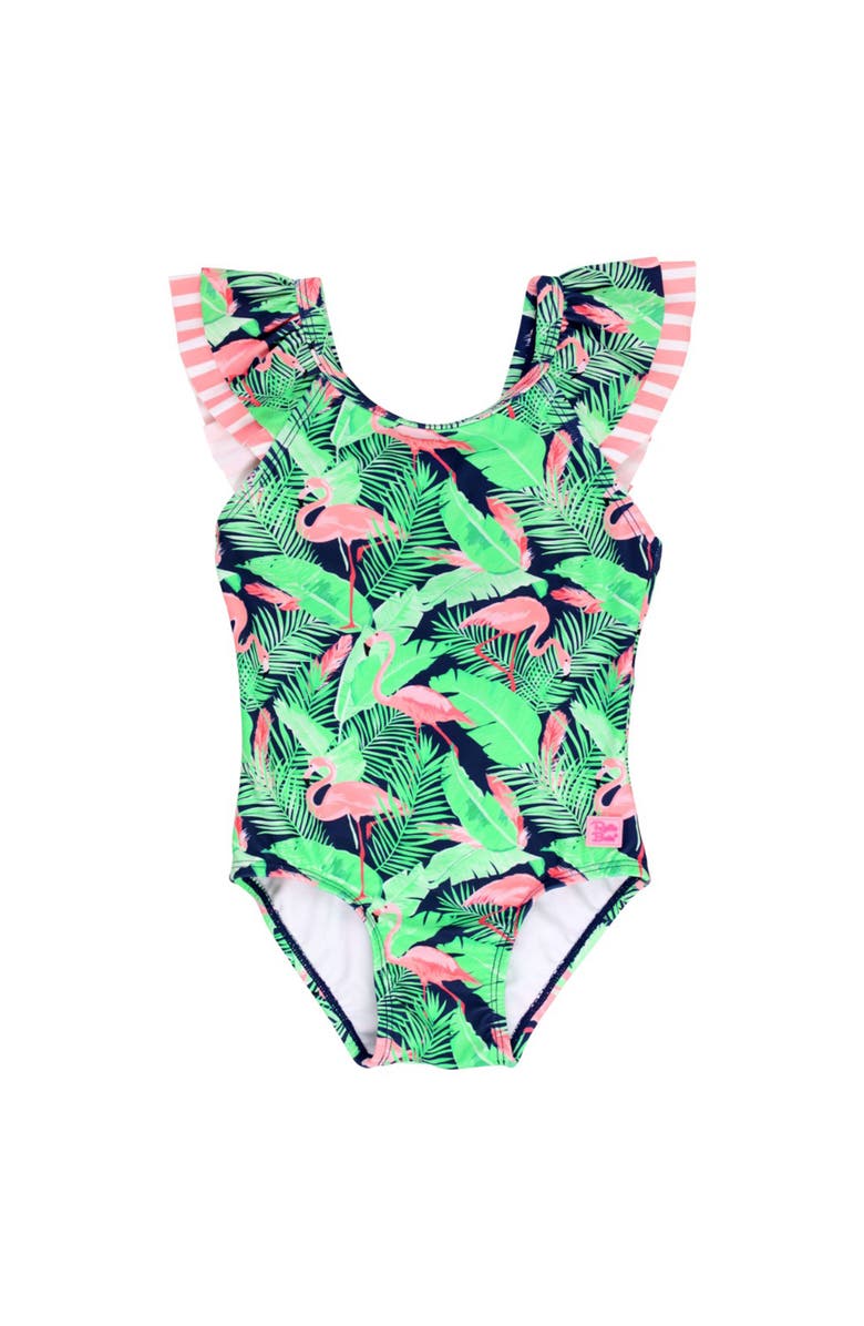 RuffleButts Baby Girls V-Back One Piece, Main, color, Flamingo Frenzy