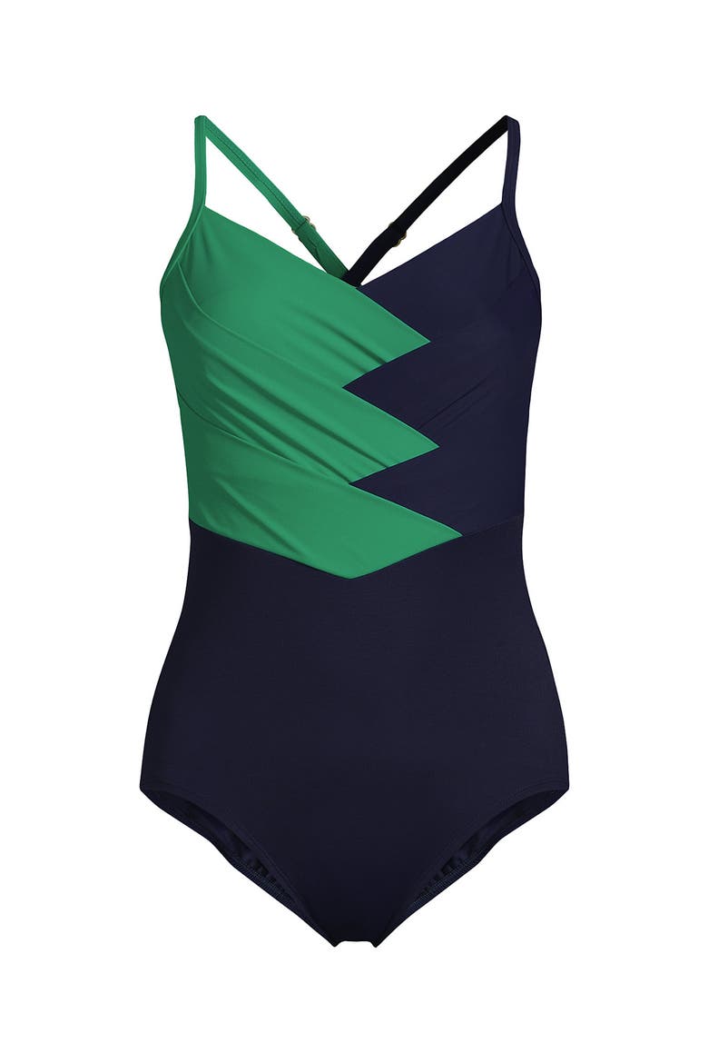 Slender Suit V-neck Pleated X-back One Piece Swimsuit Adjustable Straps, Alternate, color, Green/Navy