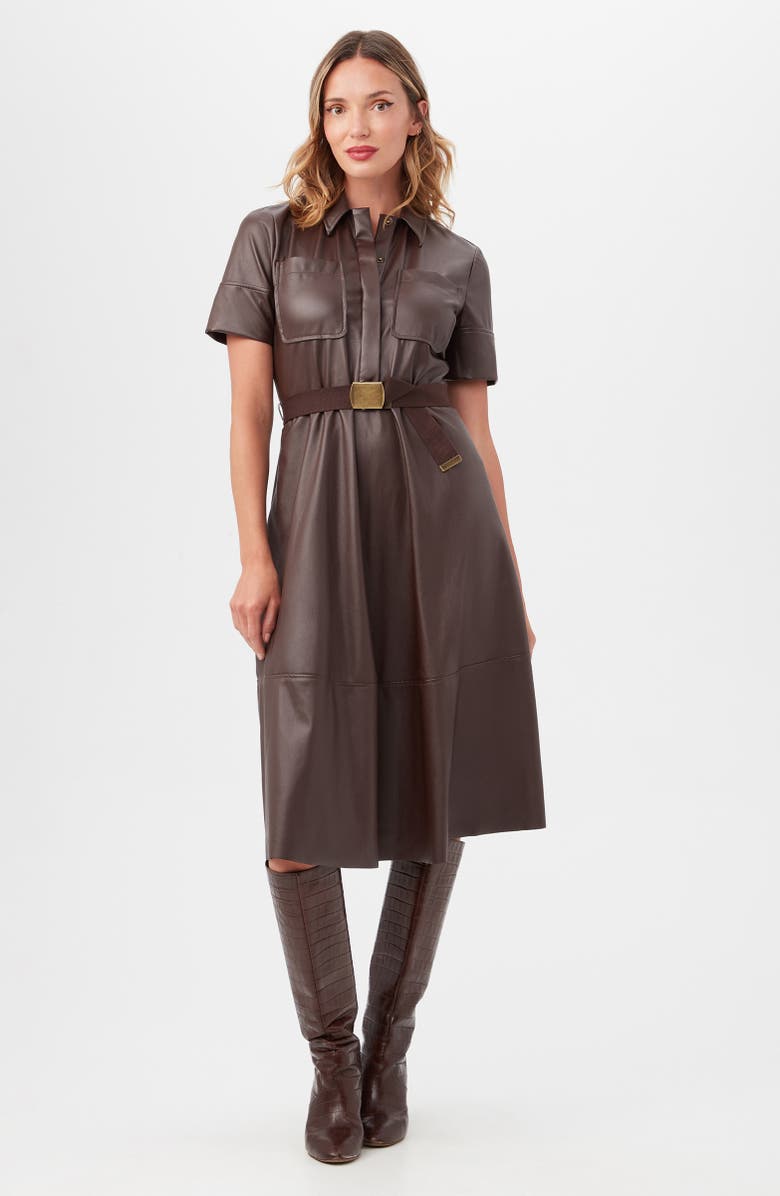 Trina Turk Misola Belted Faux Leather Shirtdress, Alternate, color, Mudcloth