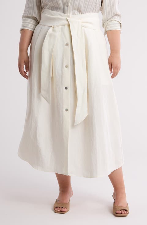 Belted Linen Blend Midi Skirt