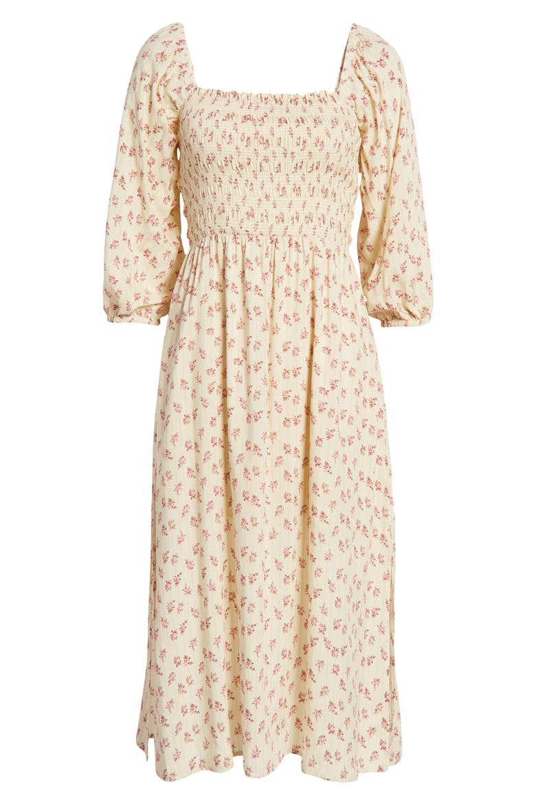 Nevaeh Smocked Midi Dress, Alternate, color, BUTTER WALLPAPER FLORAL