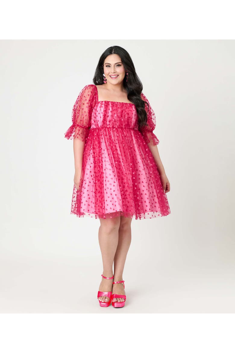Plus Size Puff Sleeve Love Interest Babydoll Dress, Alternate, color, Hot Pink W/ Hearts