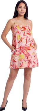 24seven Comfort Apparel Maternity Essential Floral Print Spaghetti Strap Smocked A-Line Pocket Mini Dress