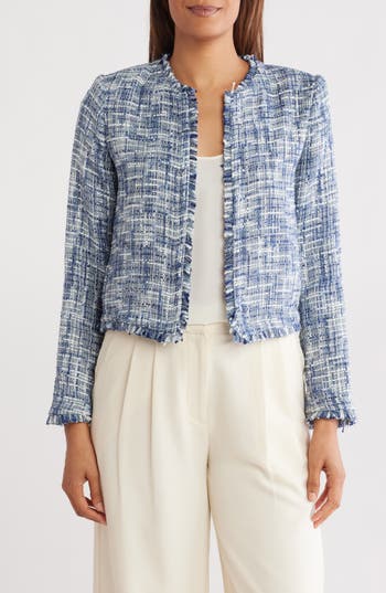 Shop Calvin Klein Tweed Cropped Jacket In Navy/cream Multi