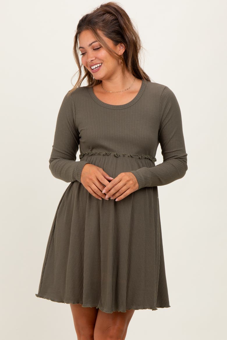 Solid Ribbed Long Sleeve Crewneck Shirring Mini Dress, Alternate, color, Olive Green
