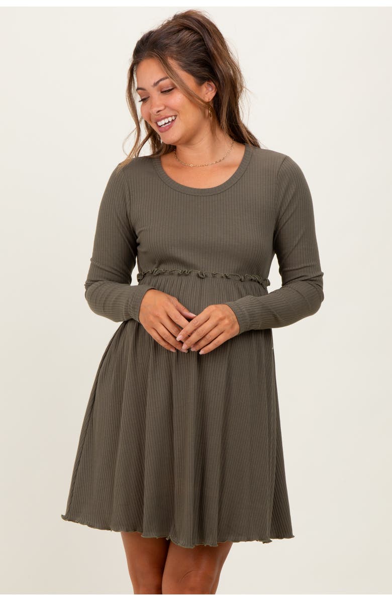 PinkBlush Solid Ribbed Long Sleeve Crewneck Shirring Mini Dress, Alternate, color, Olive Green