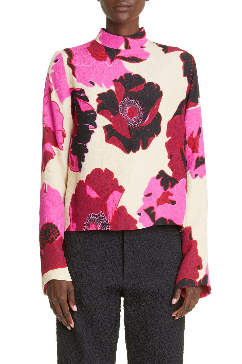 Capi Floral Print Mock Neck Blouse, Main, color, FUCHSIA