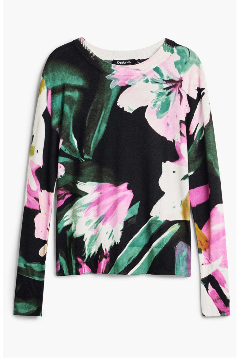 Floral Fine Gauge Crewneck Sweater, Alternate, color, BLACK