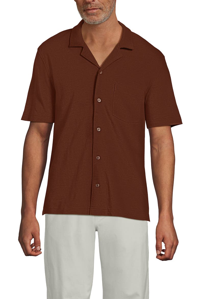 Short Sleeve Cotton Linen Button Through Camp Collar Shirt, Main, color, Deep Bronze