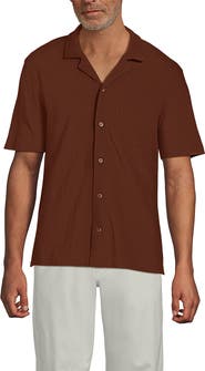 Lands' End Short Sleeve Cotton Linen Button Through Camp Collar Shirt