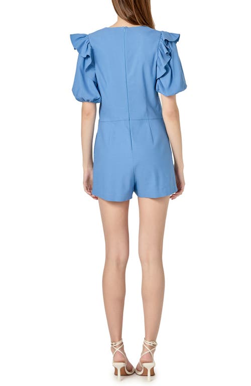 English Factory Puff Sleeve Romper In Blue Denim