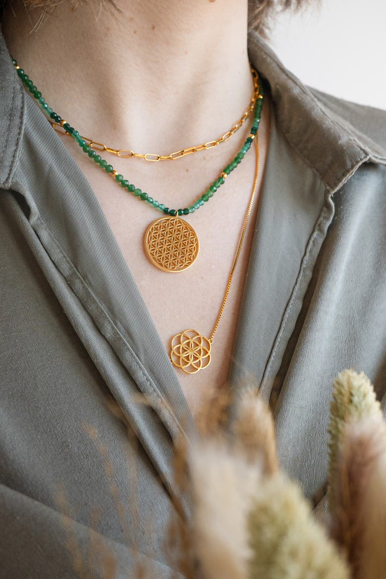 Flower of Life Necklace for Joy & Prosperity with Green Aventurine, Spinel & Chrysoprase in 18K Gold, Alternate, color, Gold