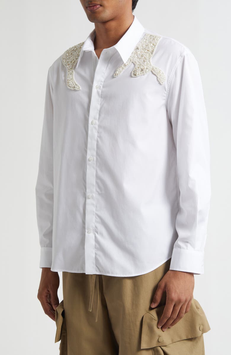 Simone Rocha Embellished Hare Classic Fit Cotton Button-Up Shirt, Alternate, color, White/ Pearl/ Clear