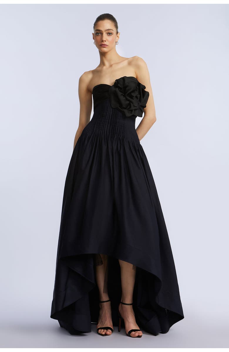 BCBGMAXAZRIA High Low Gown With Flower, Main, color, Black & Sky Captain Combo