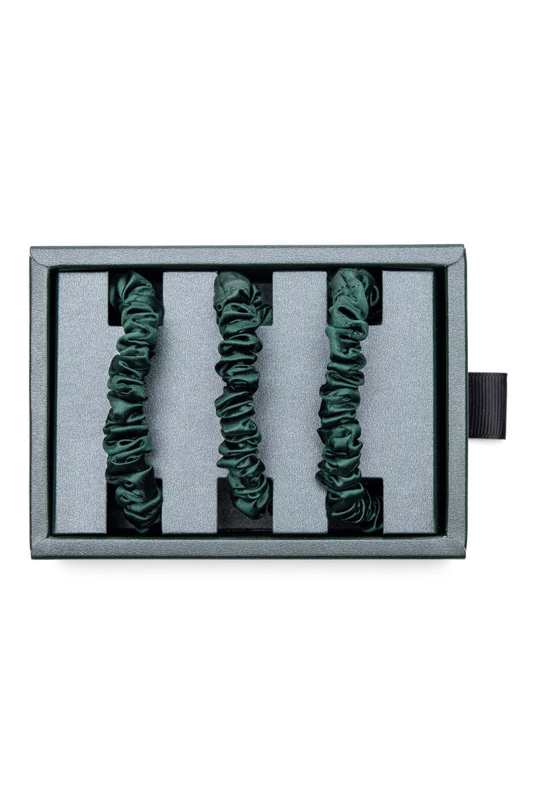 3-Pack Skinny Silk Scrunchies, Alternate, color, EMERALD