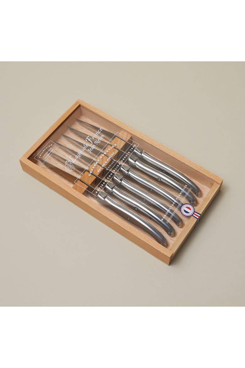 Laguiole 6 Piece Steak Knife Set in Wood Box with Acrylic Lid, Alternate, color, Stainless Steel