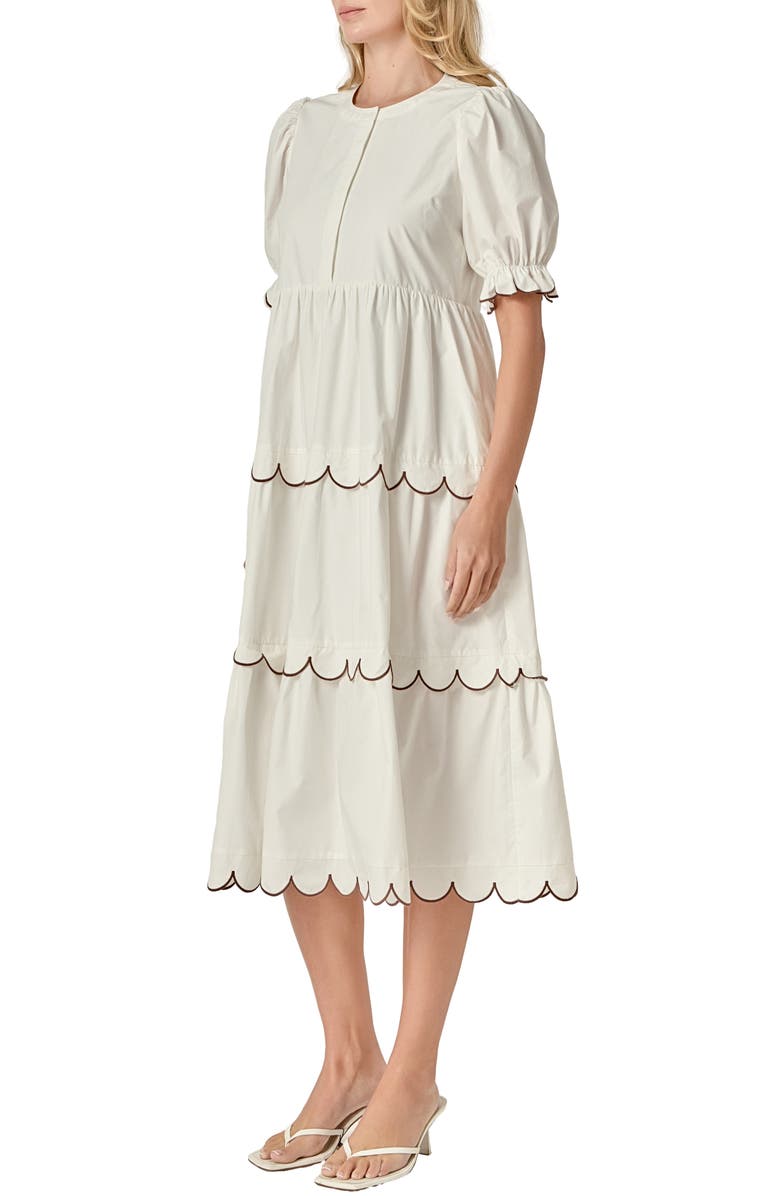 English Factory Contrast Scalloped Trim Cotton Midi Dress, Alternate, color, Cream/ Brown