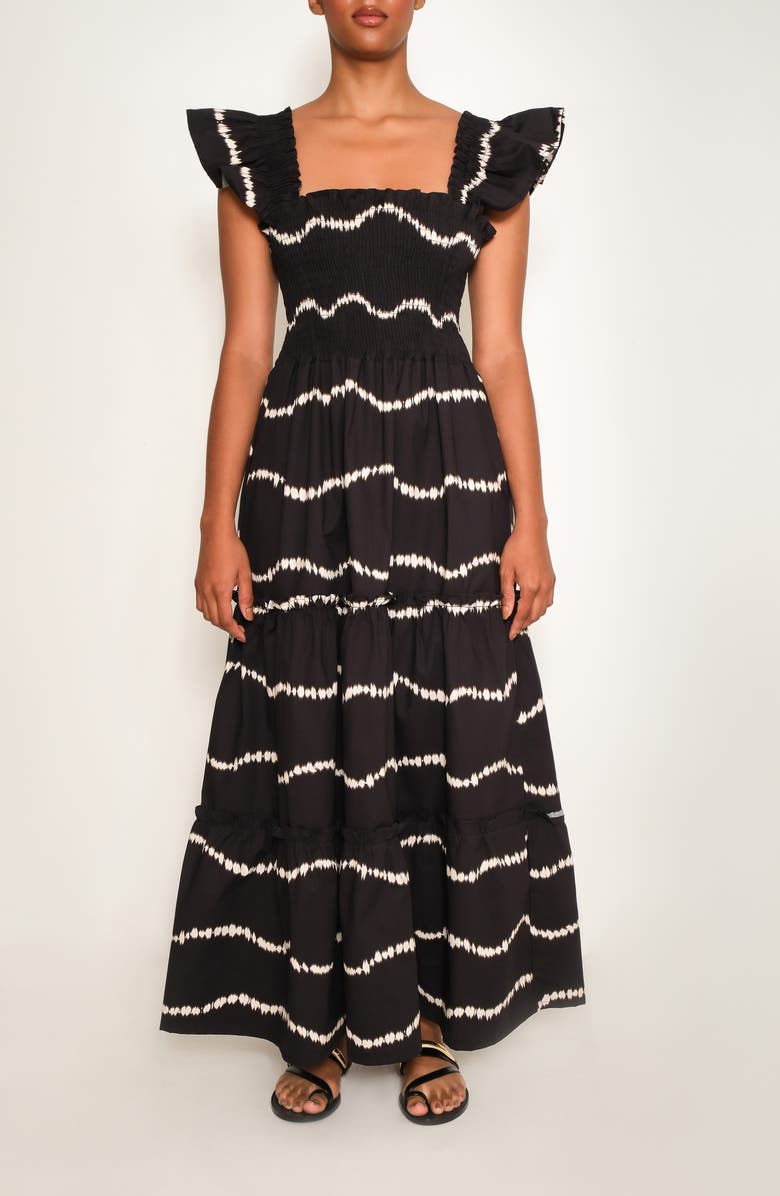 The Lulo Project Sunset Print Smocked Stretch Cotton Maxi Dress, Main, color, Black Waves