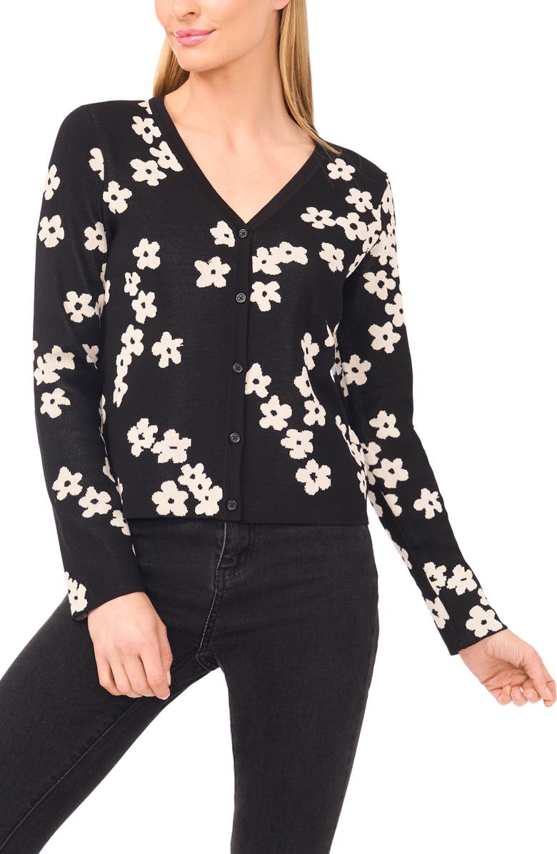CeCe Flower Jacquard Cardigan, Main, color, Rich Black