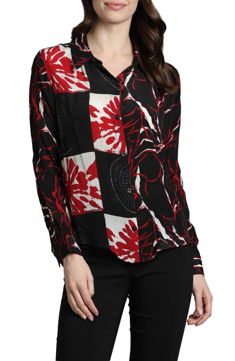 Abstract Print Roll Tab Sleeve Chiffon Button-Up Shirt