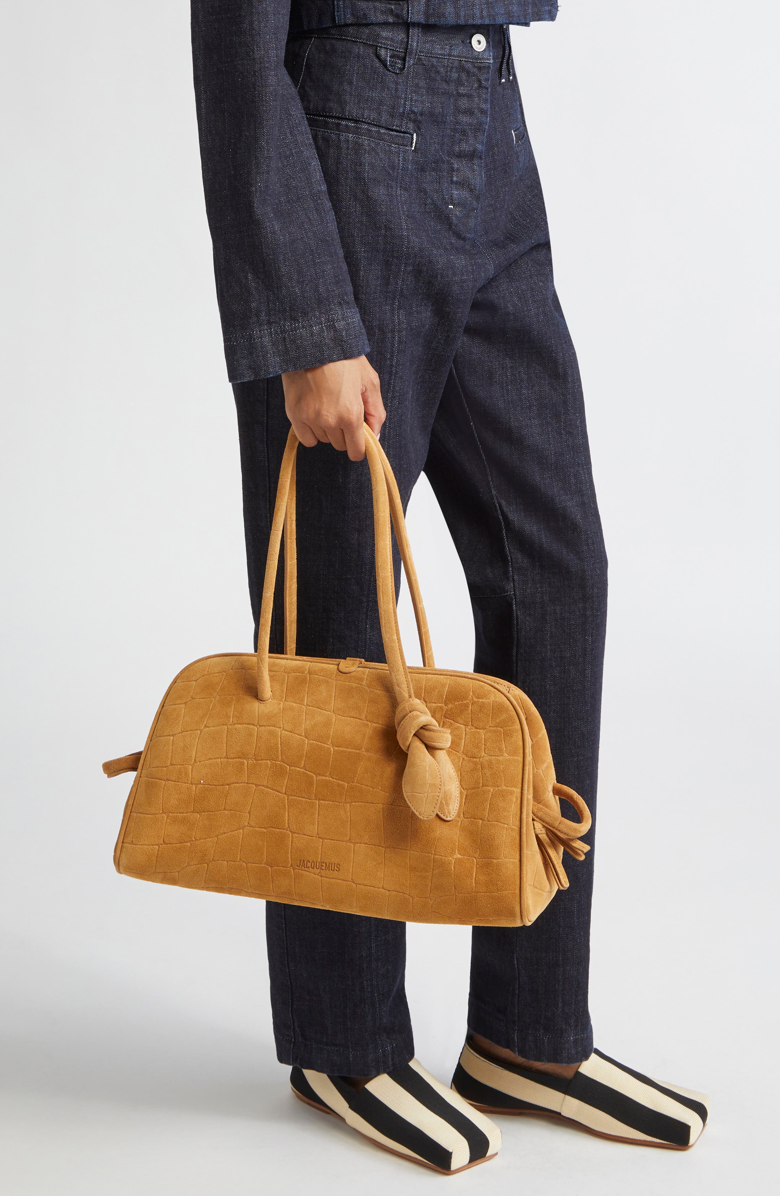 Jacquemus Le Turismo Croc Embossed Suede Bowling Bag, Alternate, color, Camel