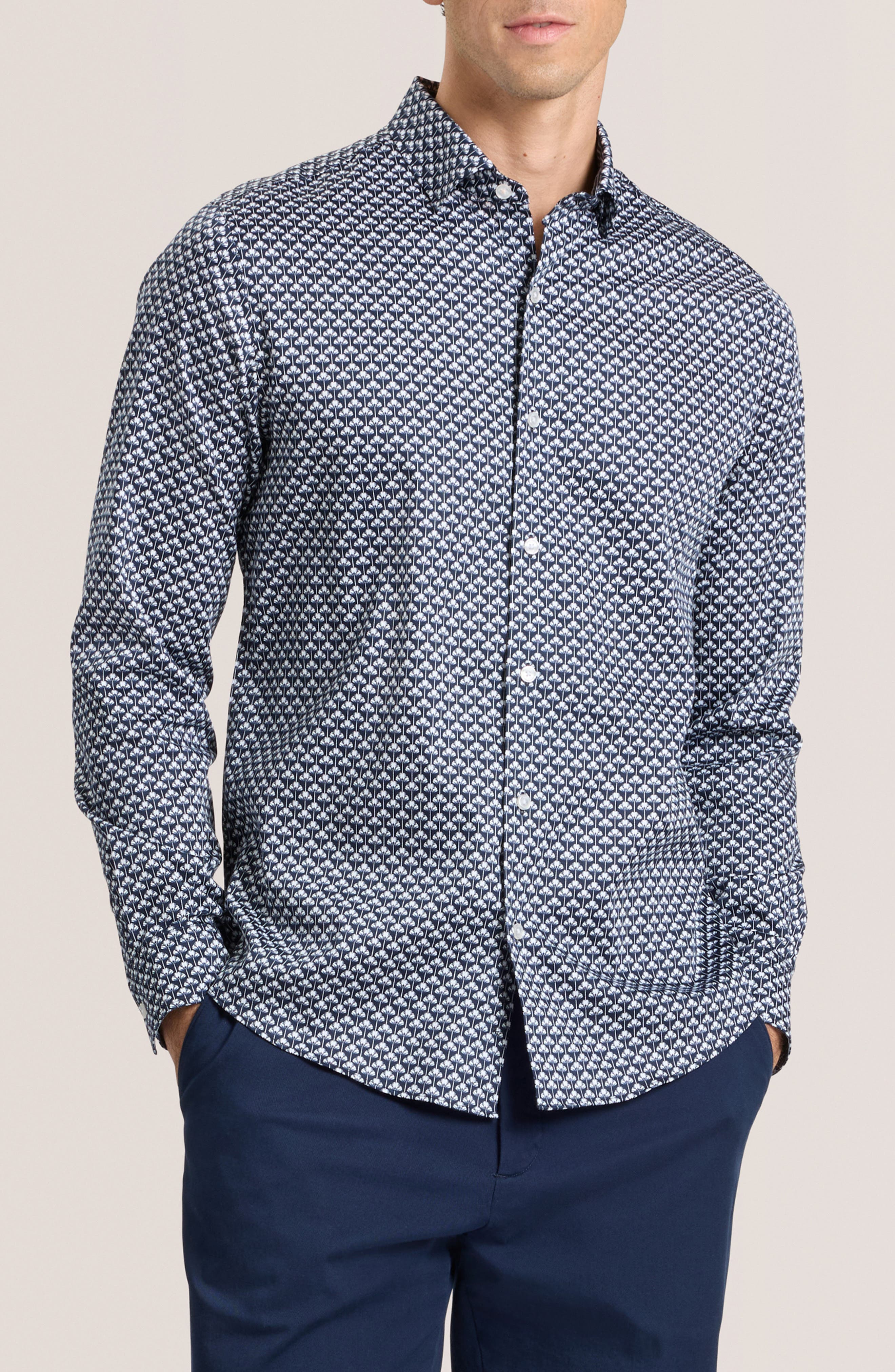 Ted Baker Soren Ginkgo Print Stretch Cotton Dress Shirt