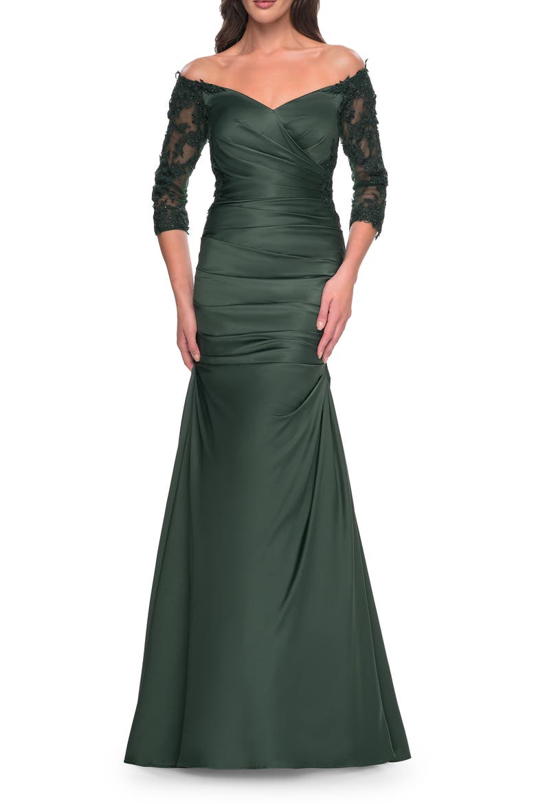 Mermaid Satin Dress with Gathering and Off the Shoulder Top, Main, color, Emerald