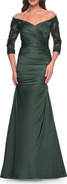 La Femme Mermaid Satin Dress with Gathering and Off the Shoulder Top