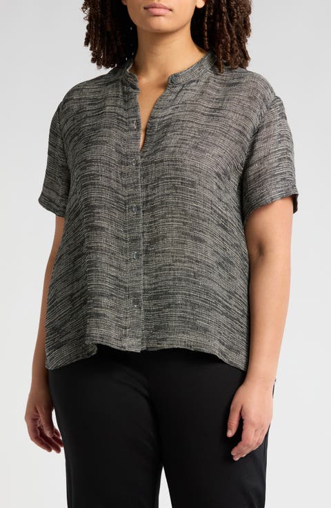 Short Sleeve Organic Linen Blend Button-Up Shirt (Plus)