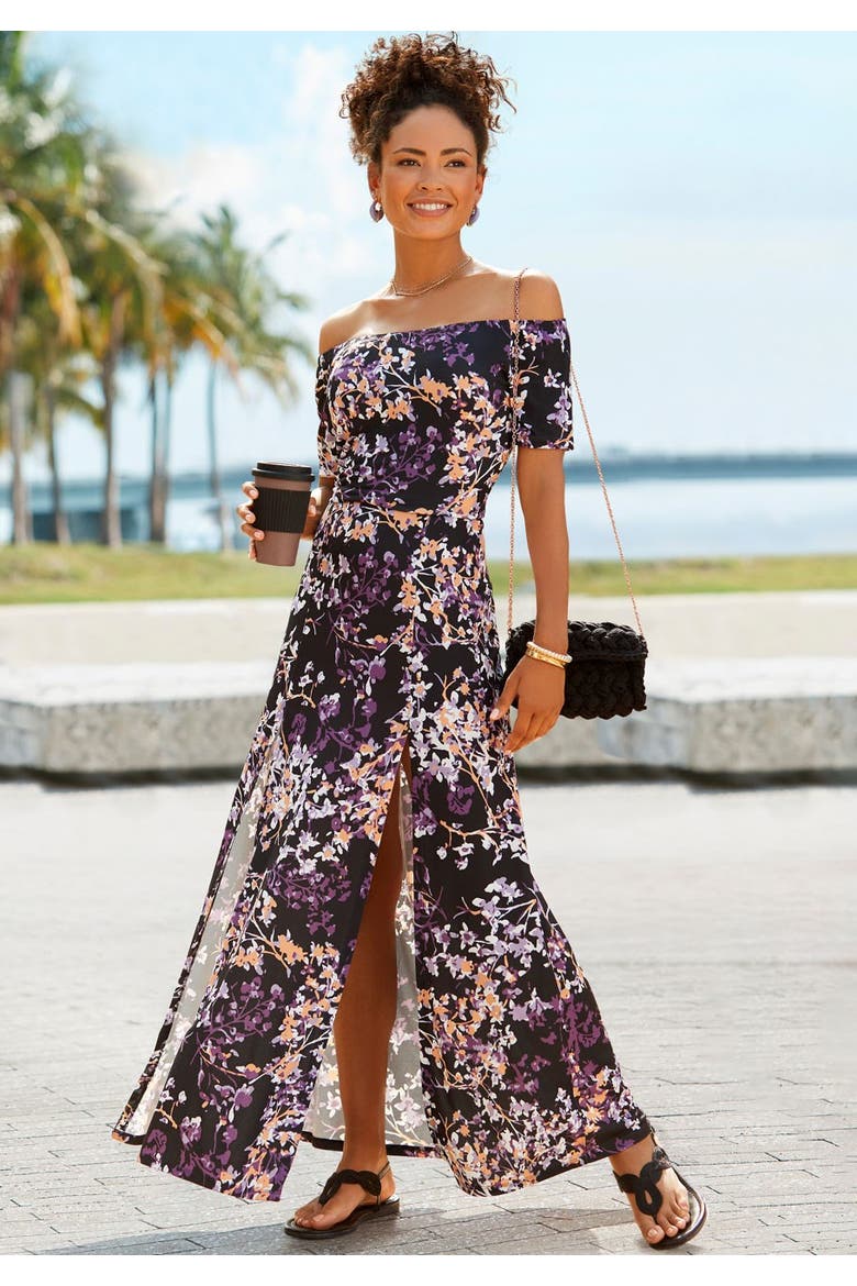 Floral Off Shoulder Maxi Dress, Alternate, color, Black Multi